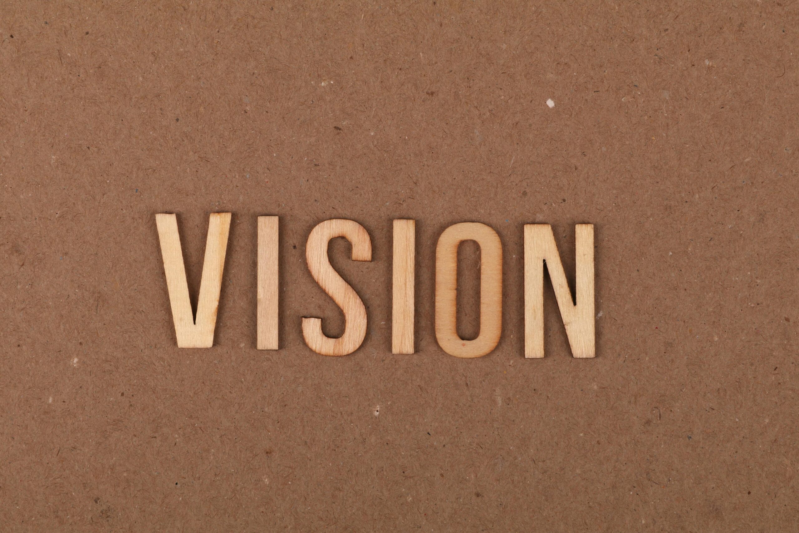 Wooden letters spelling 'VISION' on a textured cardboard surface.